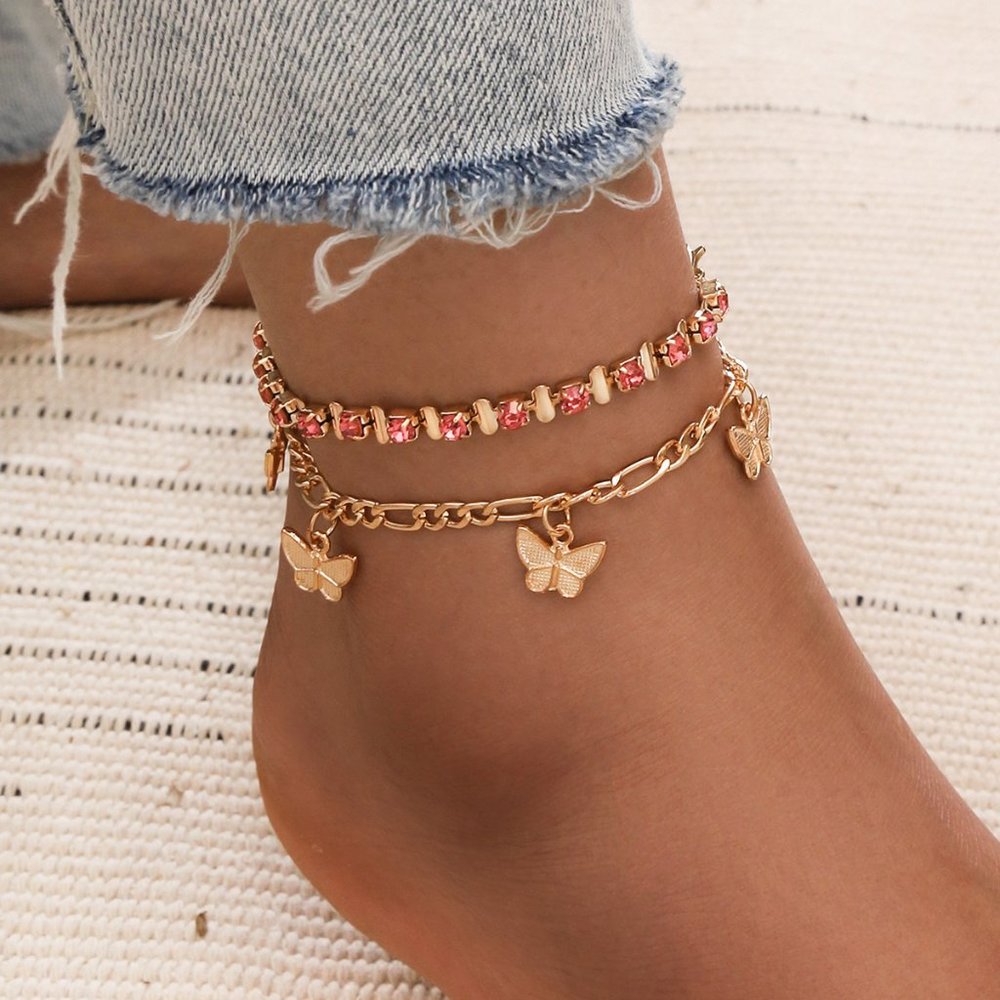 Anklet 2 pcs Gold Plated Pink Butterfly Anklet